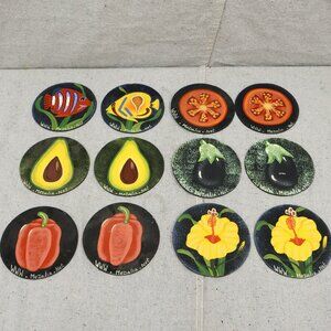 Tropical Hand Painted Coasters Set of 12 Haitian Artwork Fruits Fish Flowers